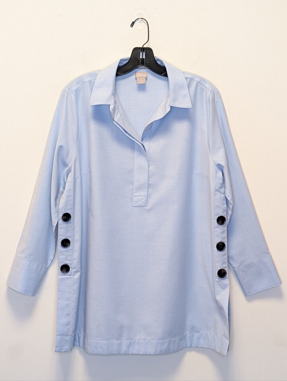 Chico's No Iron Petite Oxford Button Detail Cotton Tunic Coastal Preppy Size 2P